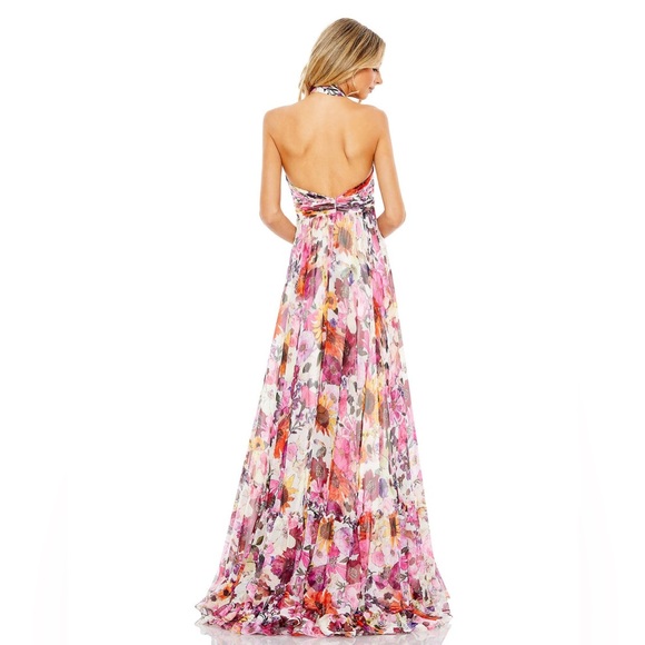 Mac Duggal Asymmetrical Ruffled Halter Floral Gown - Picture 3 of 16